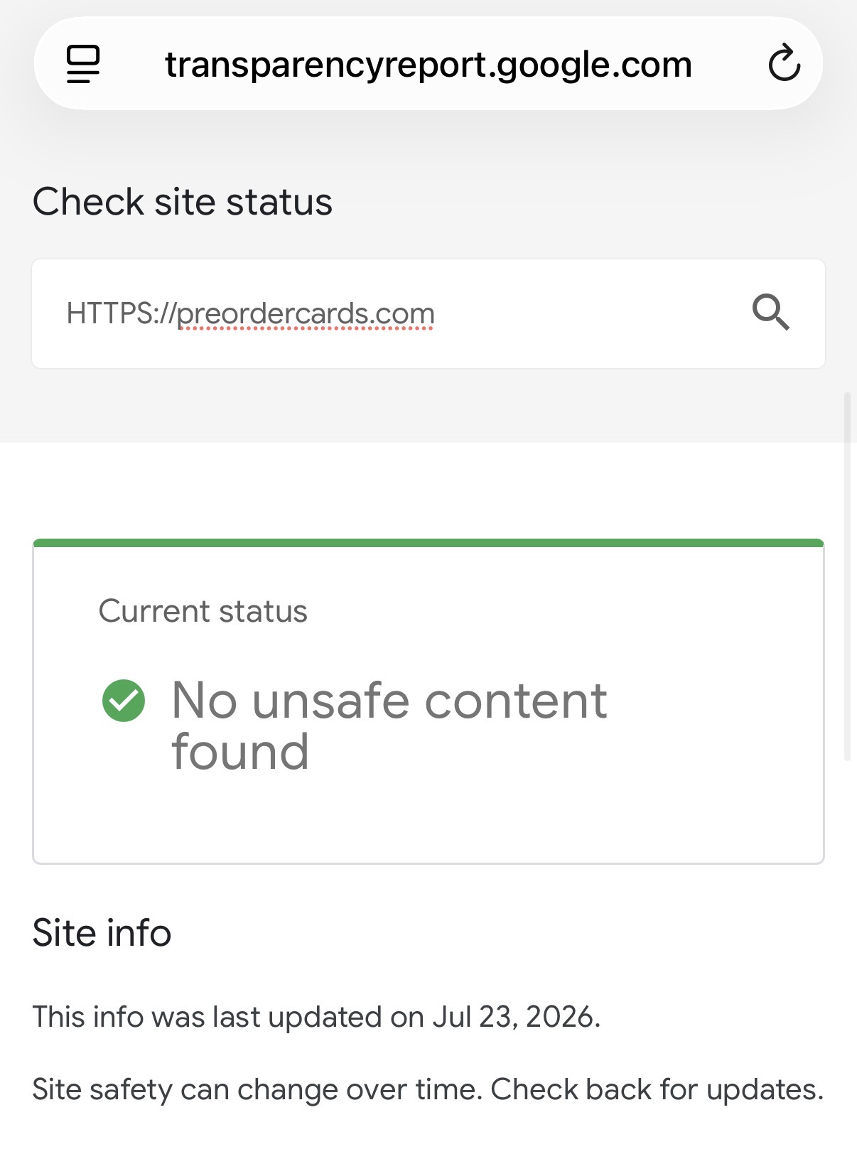Google Safe Browsing Transparency Report for preordercards.com showing no unsafe content found