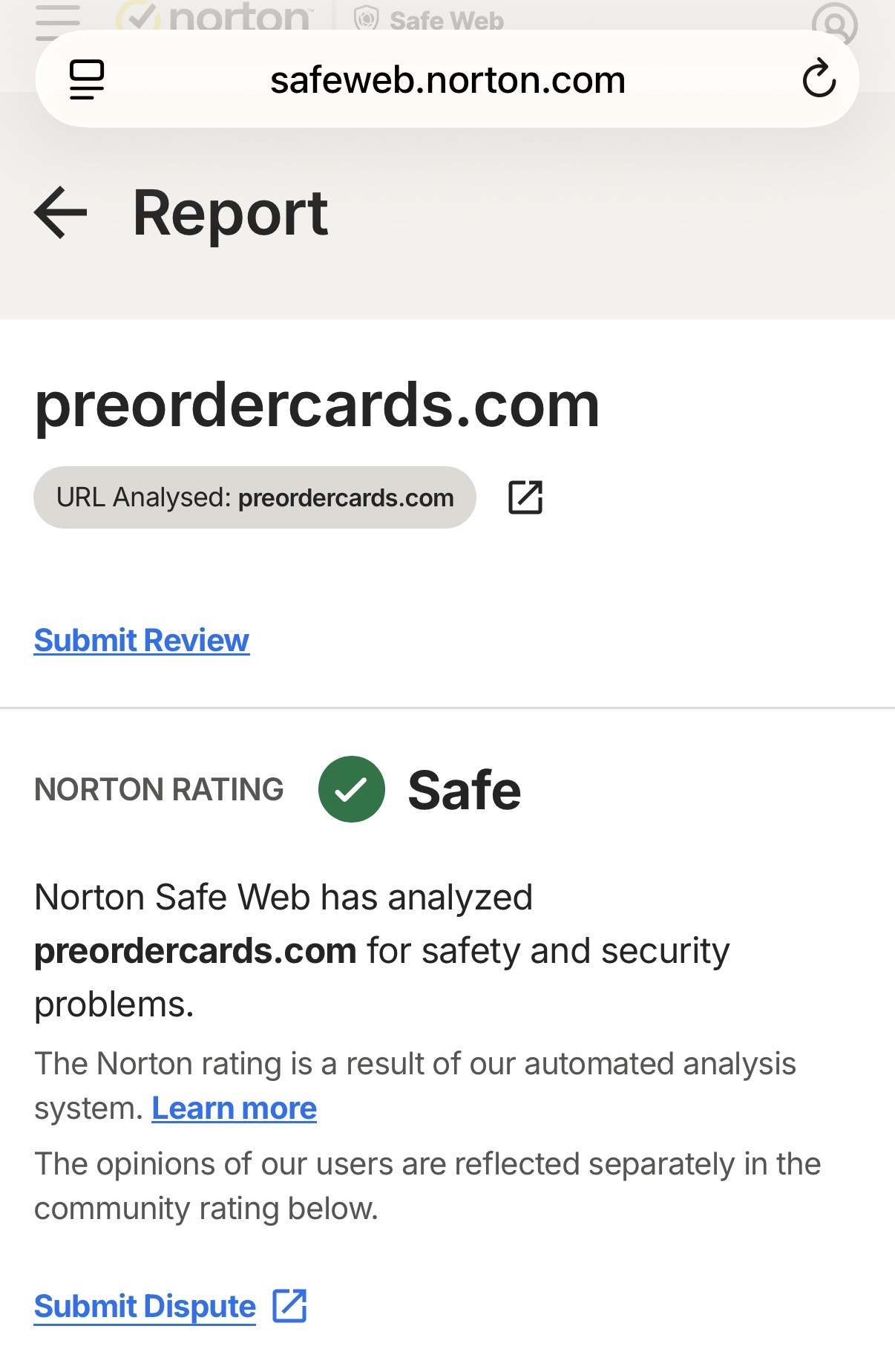 Norton Safe Web report for preordercards.com showing a Safe rating