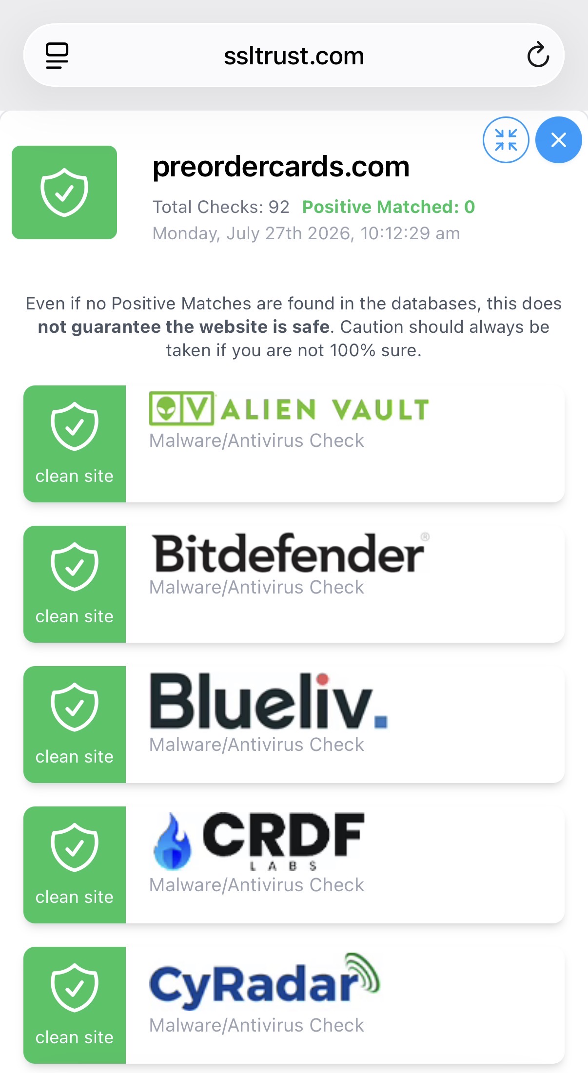 SSLTrust malware scan for preordercards.com showing 92 total checks with 0 positive matches